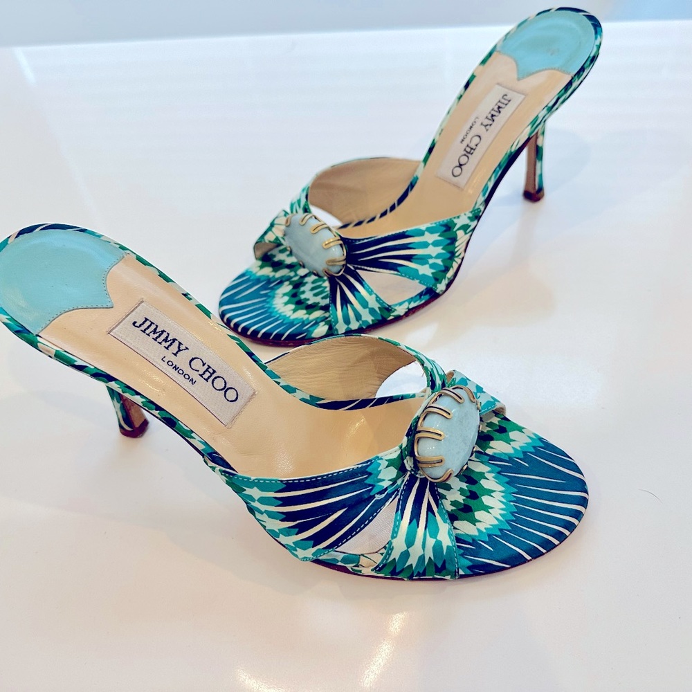 JIMMY CHOO 3inch Multi Colored Slip on Sandals Blue/Green/Gold 💙💚💙💚